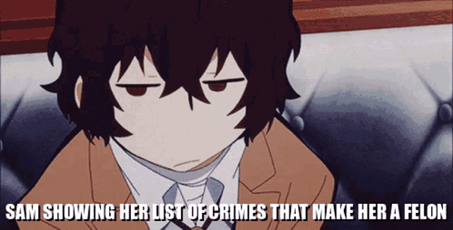 a cartoon of a man with the caption sam showing her list of crimes that make her a felon ..