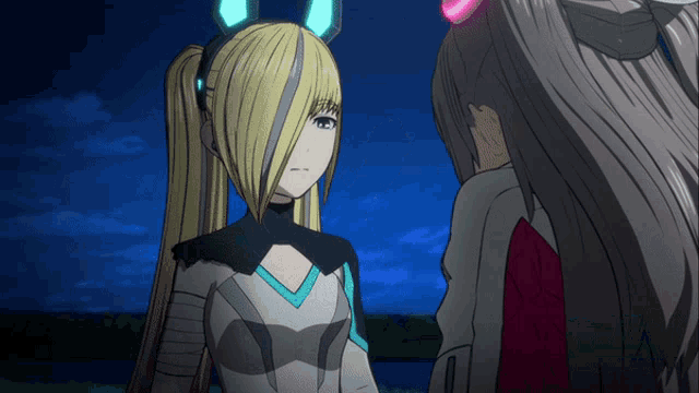 two anime characters are standing next to each other and one has a ponytail