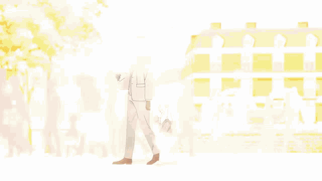 a man in a suit is walking down a street with a little girl in front of a yellow building
