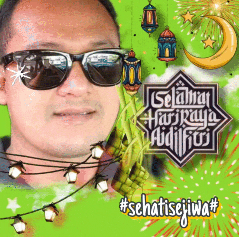 a man wearing sunglasses with a green background that says selamat hari raya
