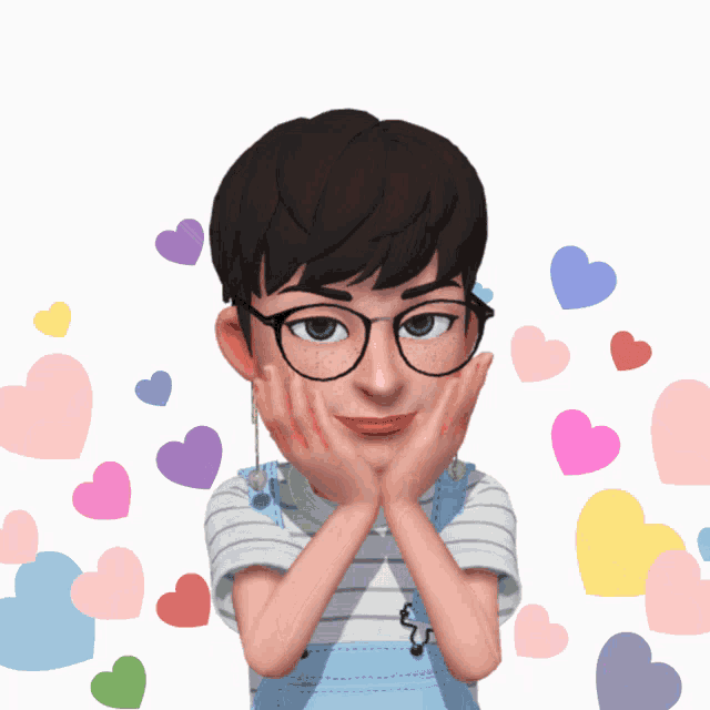 a cartoon girl with glasses holds her hands to her face surrounded by colorful hearts