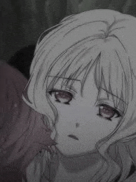 a black and white drawing of a girl with a sad face .