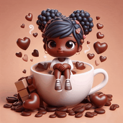 a cartoon girl is sitting on a cup of coffee surrounded by coffee beans and chocolate hearts