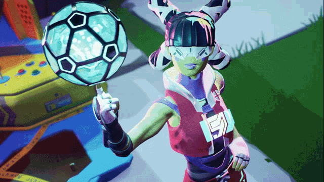 a cartoon character holding a soccer ball with the number 5 on her chest