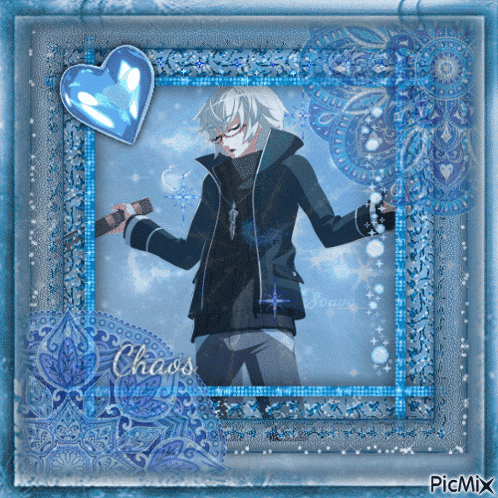 a picture of a man in a blue frame with the word chaos on it