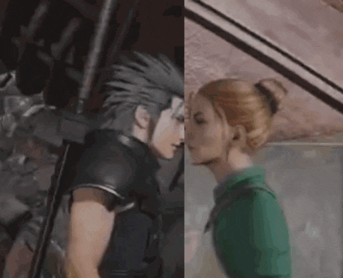 a man and a woman are standing next to each other and kissing .