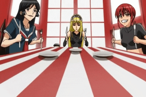 three anime girls are sitting at a table with plates and knives