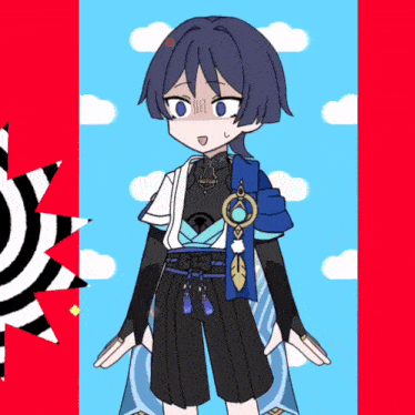 a cartoon drawing of a boy with blue hair and a black and white striped background