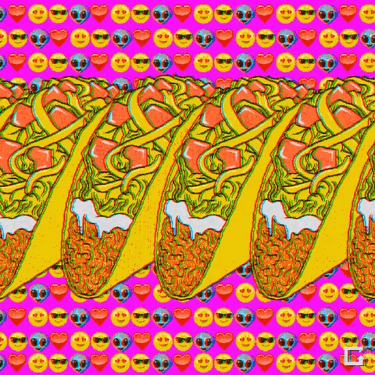 a row of tacos on a pink background with emojis and aliens