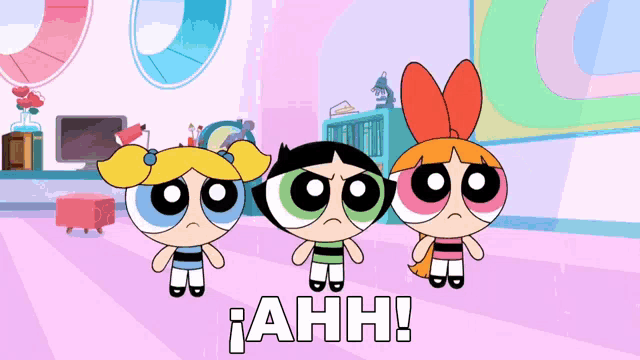 three cartoon characters are standing next to each other with the word ahh written in white