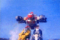 a robot is flying through the air with a blue sky in the background .