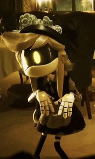 a cartoon character in a maid outfit is standing in a dark room
