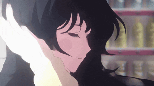 a close up of a girl 's face with a few bottles of soda in the background