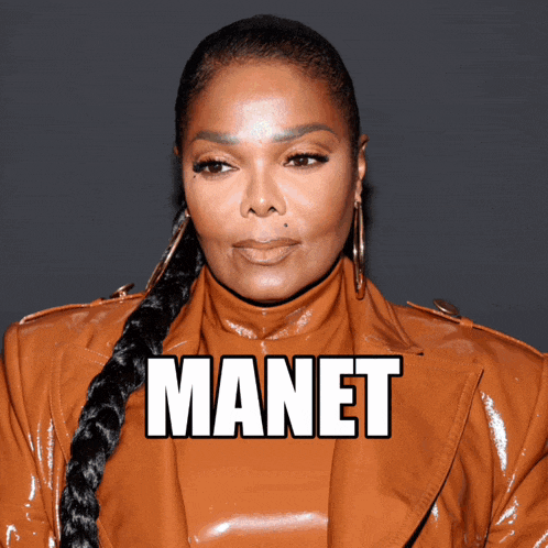 a woman wearing a brown leather jacket with the name manet on it