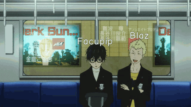 two anime characters sitting in front of a sign that says jerk sun facupip and blaz