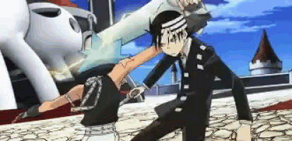 a man in a suit is holding a sword and fighting another man in a black suit .
