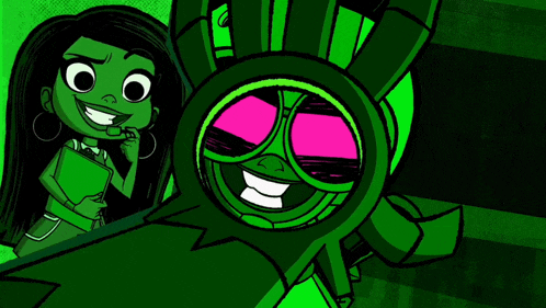 a green cartoon character with pink eyes is standing next to a girl .