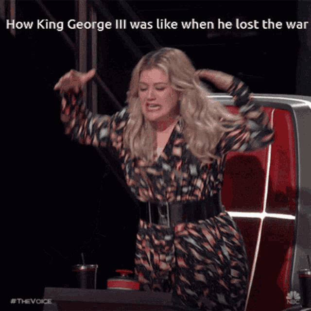 a woman is sitting in a chair with her mouth open and the words how king george iii was like when he lost the war behind her