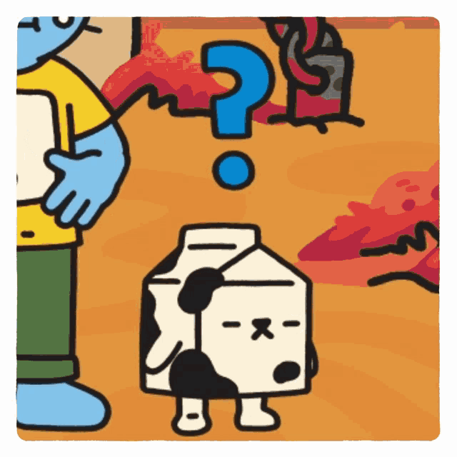 a cartoon drawing of a man standing next to a milk carton with a question mark above it