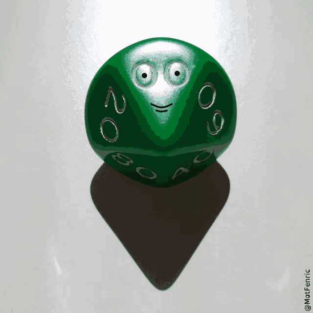 a green dice with a face on it has the numbers 20 30 and 40 on it