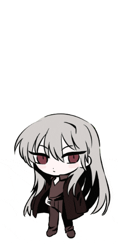 a chibi drawing of a girl with long grey hair and red eyes