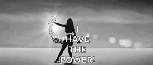 a black and white photo of a woman dancing with the words `` i have the power '' written on the bottom .