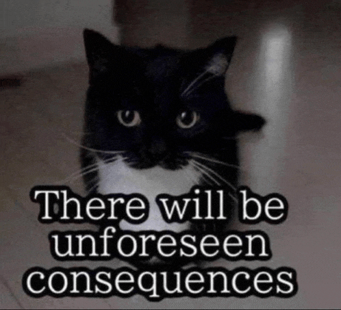 a black and white cat with the words " there will be unforeseen consequences " below it