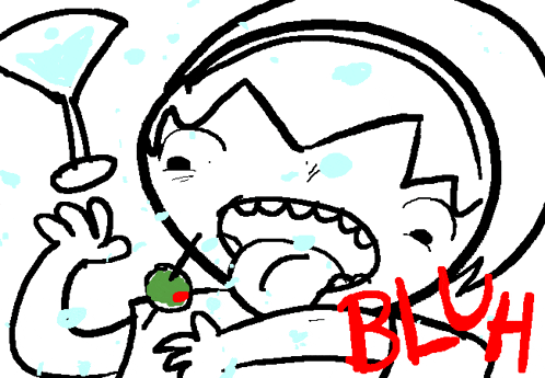 a black and white drawing of a person drinking from a glass with the word blush in red