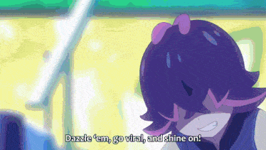 a cartoon character with purple hair and the words dazzle em go viral and shine on