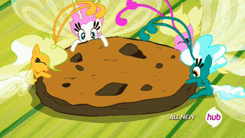 a cartoon of ponies standing around a cookie with the words all new hub on the bottom