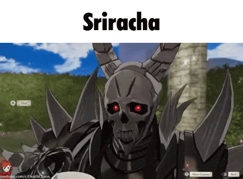 a video game character with horns and the name sriracha on the top