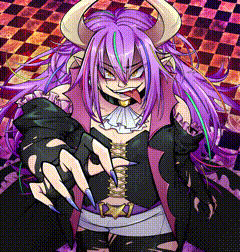 a purple haired demon with horns and long claws