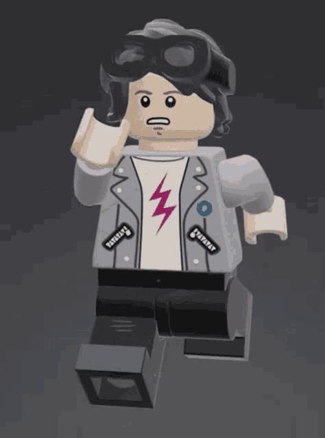 a lego figure with a lightning bolt on his shirt is giving a middle finger