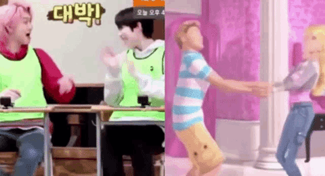 a man and a woman are dancing next to each other in a classroom .