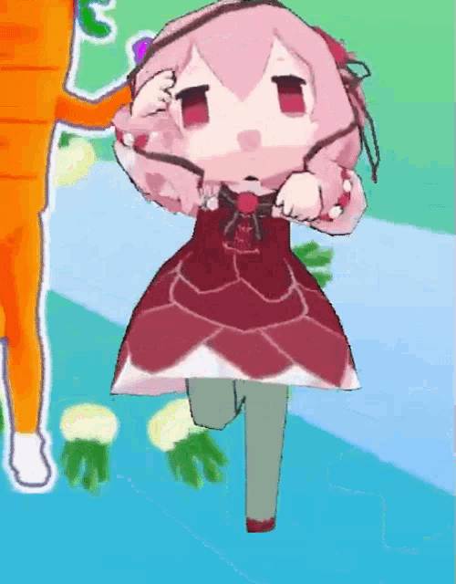 a cartoon girl in a red dress is standing next to a carrot in a cartoon .