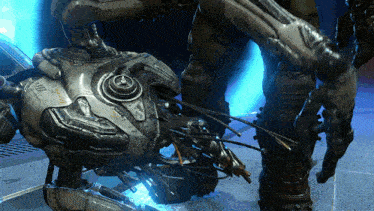 a video game character is standing next to a machine that says ' i 'm a robot ' on it
