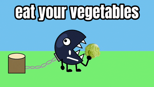 a cartoon character is chained to a stump with the words " eat your vegetables " above him