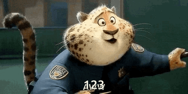 a cheetah is wearing a police uniform and holding a gun .