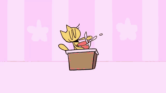 a cartoon cat is sitting in a box with a knife and fork in its mouth .