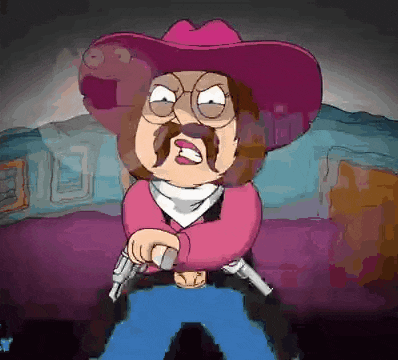 a cartoon character with a pink hat and mustache is holding two guns