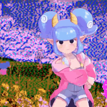 a pixel art drawing of a girl with horns and blue hair