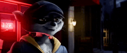 a cartoon raccoon wearing a hat and a hoodie is standing in front of a red neon sign .