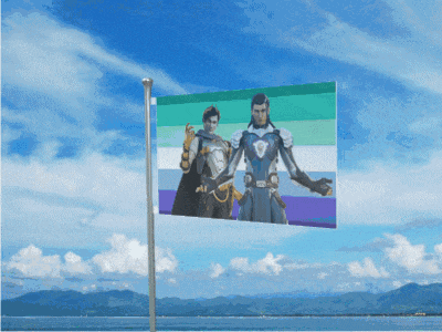 a flag with a picture of two men on it is flying in the wind