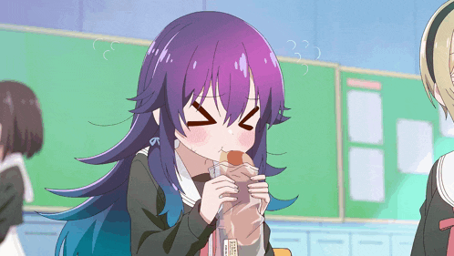 a girl with purple hair is eating a sandwich in front of a blackboard