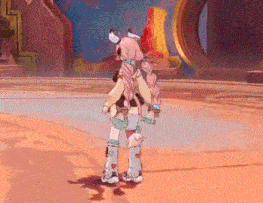 a girl with pink hair is standing in a room in a video game
