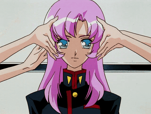 a girl with purple hair and blue eyes has her hands on her face