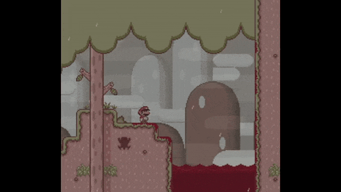 a video game scene with a frog and a few trees