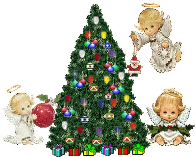 three angels are decorating a christmas tree and one has a sign that says " merry christmas "