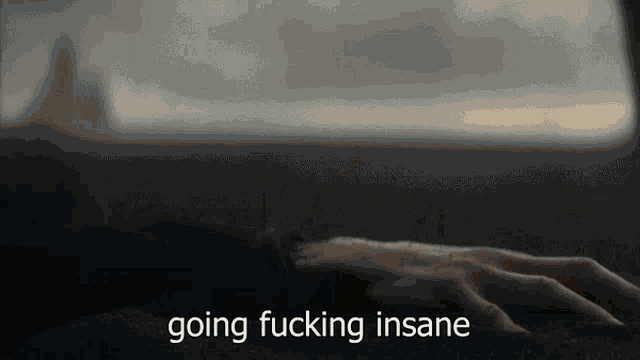 a close up of a person 's hand with the words " going fucking insane " above it