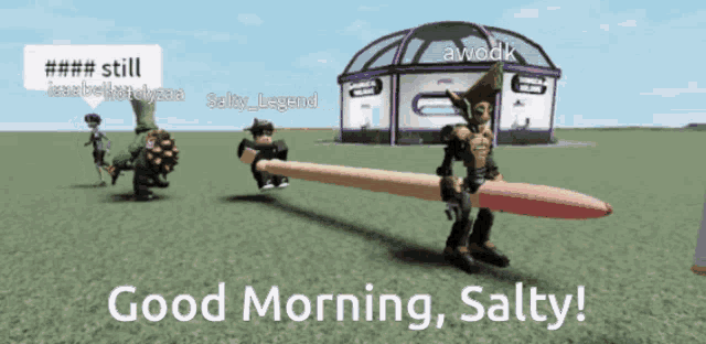 a cartoon character says good morning salty in front of a purple building